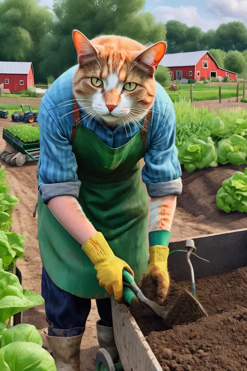Artificial Intelligence (AI) generated image art, cat, Realistic, anthropomorphic gardener, working on the farm