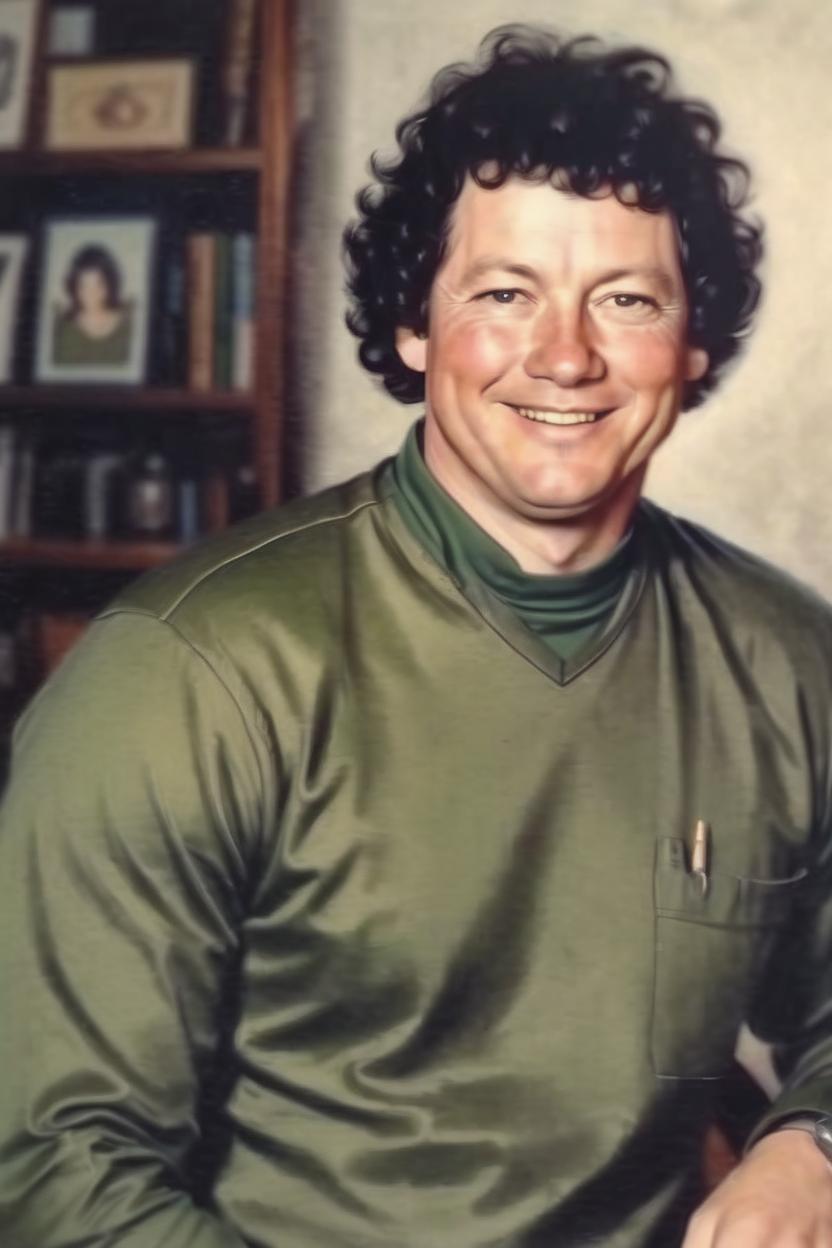 Artificial Intelligence (AI) generated image art, man, smile, short curly black hair, 40 years old, (in the style of E. H. Shepard), in the style realistic portrait illustrations, wearing a olive green long sleeve shirt, he looks at peace, realistic likeness to man