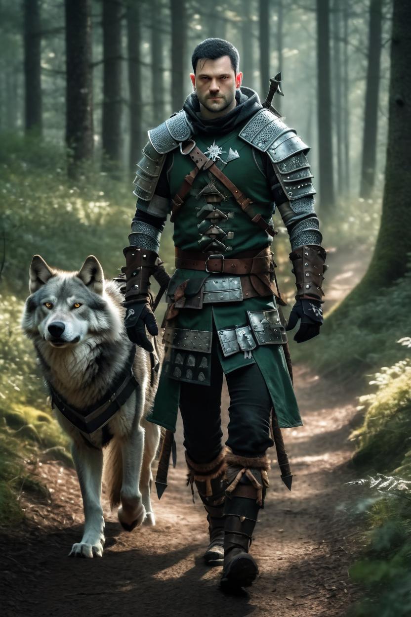 Artificial Intelligence (AI) generated image art, man, walking with wolves, forest , Witcher armor, witcher theme, photo, realistic