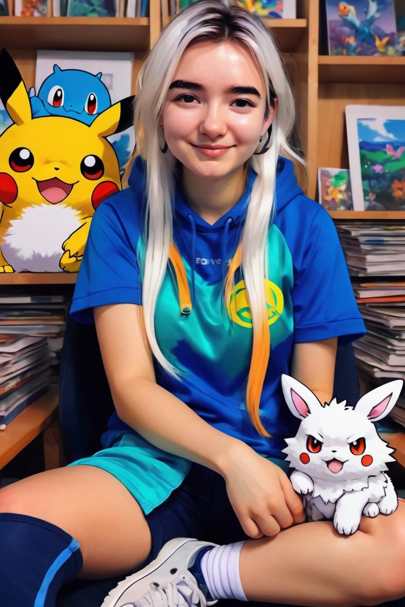 Artificial Intelligence (AI) generated image art, woman, ((anime art)), ((in art by Ross Draws)), ((2D digital painting)), as a Pokemon trainer, with anime-like white hair, with a pokemon on her lap, artistic, vibrant colors
