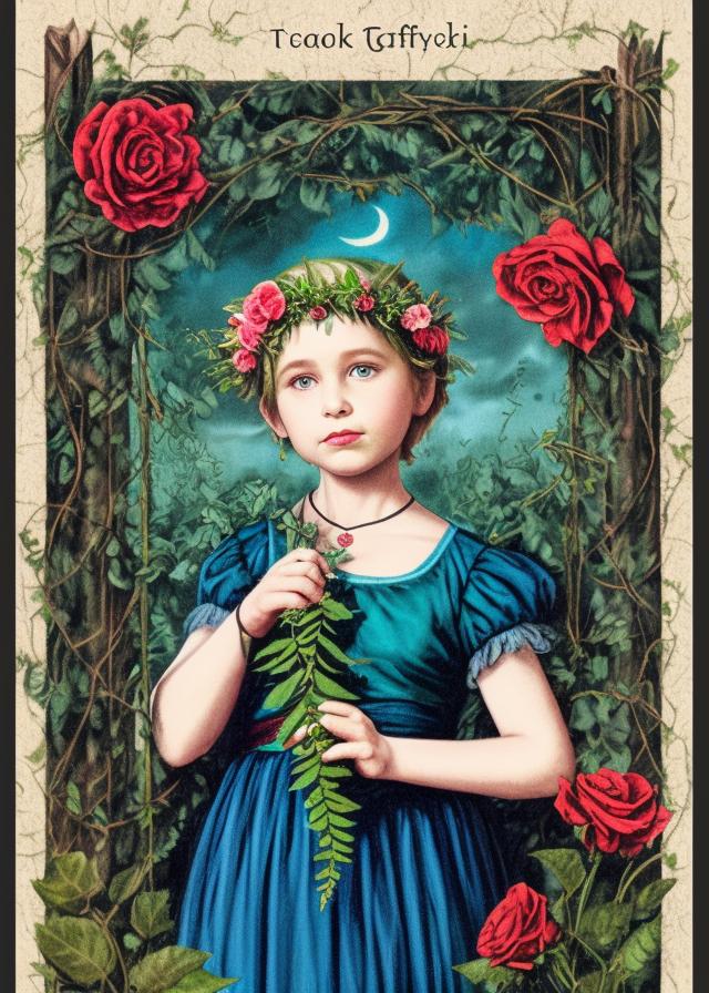 Artificial Intelligence (AI) generated image art, person, as Greek goddess Persephone, holding decaying flowers in one hand,black and blue underworld background, sandy blonde short hair, innocent looking, blue eyes, deep red rose flower crown looking ethereal and serene, in the style of tarot card art, pink aura, living ferns and vines with thorns mixed with dead flower and decaying vines border the frame around her. Blue Fog rises in background, she is 9 years old (realistic) (realism)