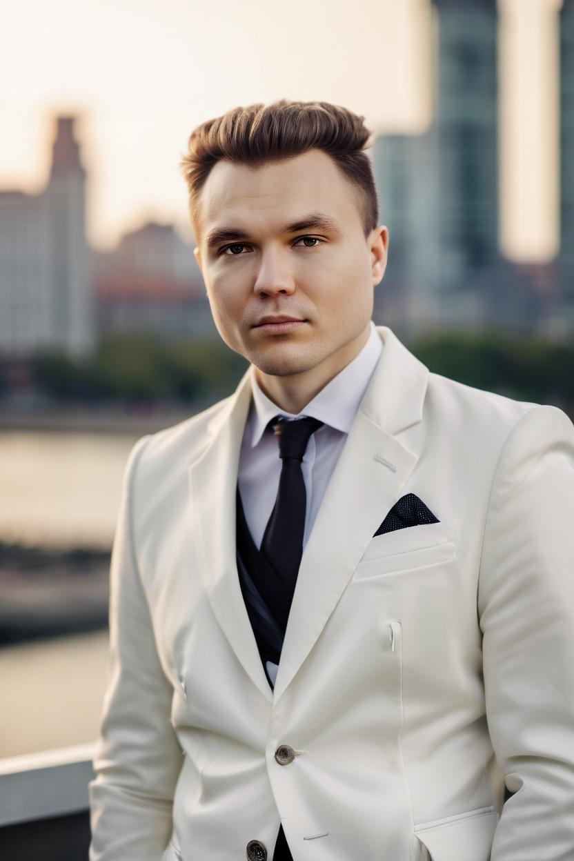 Artificial Intelligence (AI) generated image art, man, In a white, tailored blazer with a single button. Hair styled in loose, flowing waves. Facial expression is calm, with a hint of confidence. Lighting is soft and diffused, imitating natural sunlight. blurred background of cityscape or architectural elements, indicating an urban setting. warm and natural tone colors. The overall mood of the image should evoke a sense of empowerment and sophisticated style. by gaston bussiere, bayard wu, greg rutkowski, giger, maxim verehin