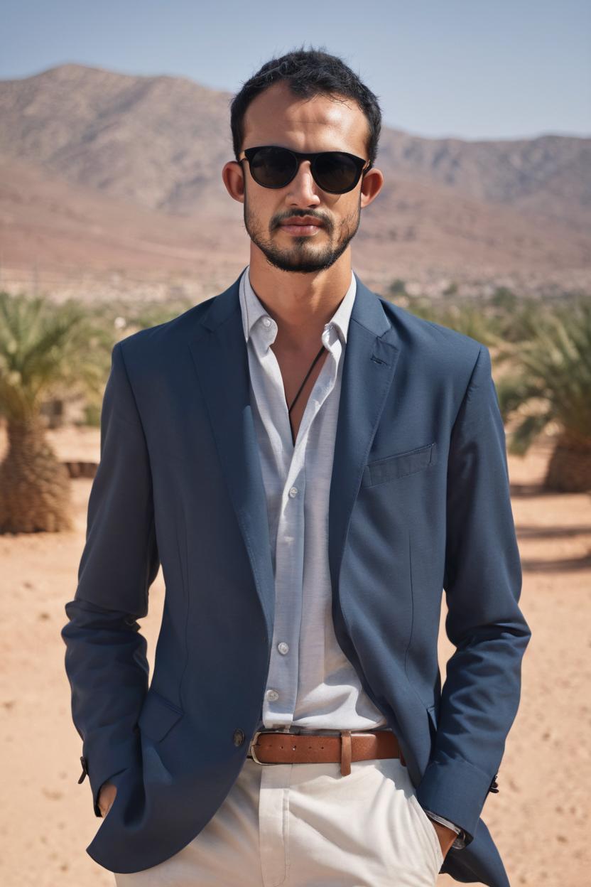 Artificial Intelligence (AI) generated image art, man, portrait, somewhere in a Moroccan desert Shot on Hasselblad H6D-400c lens, copy Sisley Spring Summer 2014 campaign session with more of a elegant gentleman style clothes, ultra high definition, ultra-realism, ultra realistic, young, handsome, serious face expression