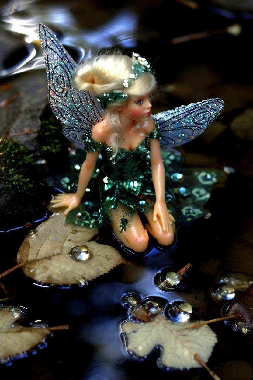 Artificial Intelligence (AI) generated image art, woman, portrait,macro image, Floating on a leaf in a creek, water lit like diamonds , Photographic art digital image, photorealistic, beautiful fairy, humanistic face and hands, human eyes, Photographic art digital image, in the style of Duffy sheridan, j.scott campbell, spring cinematic lighting, highly detailed, sharp focus,4k, professional portrait photograph style,