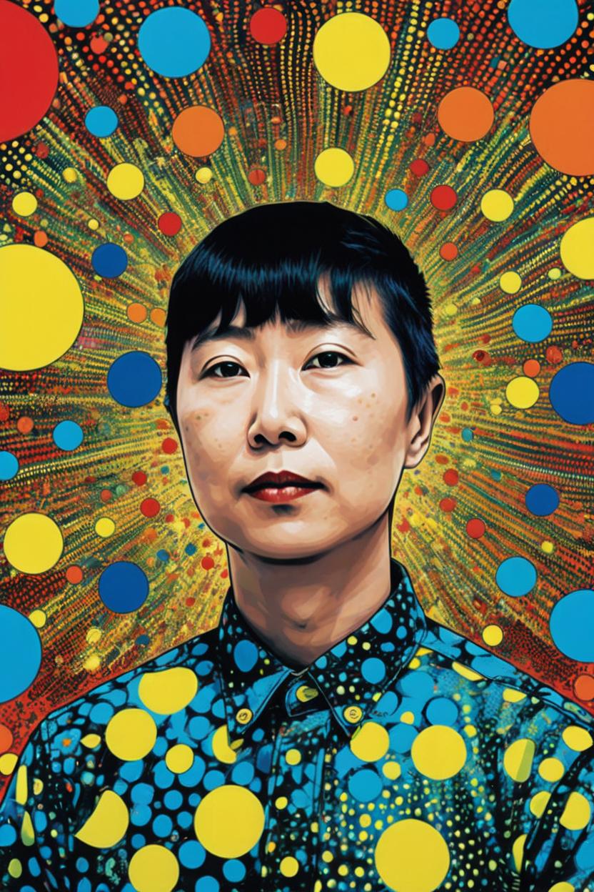 Artificial Intelligence (AI) generated image art, man, illustration  by Yayoi Kusama, vibrant colors, aesthetic, portrait, abstract background, artwork