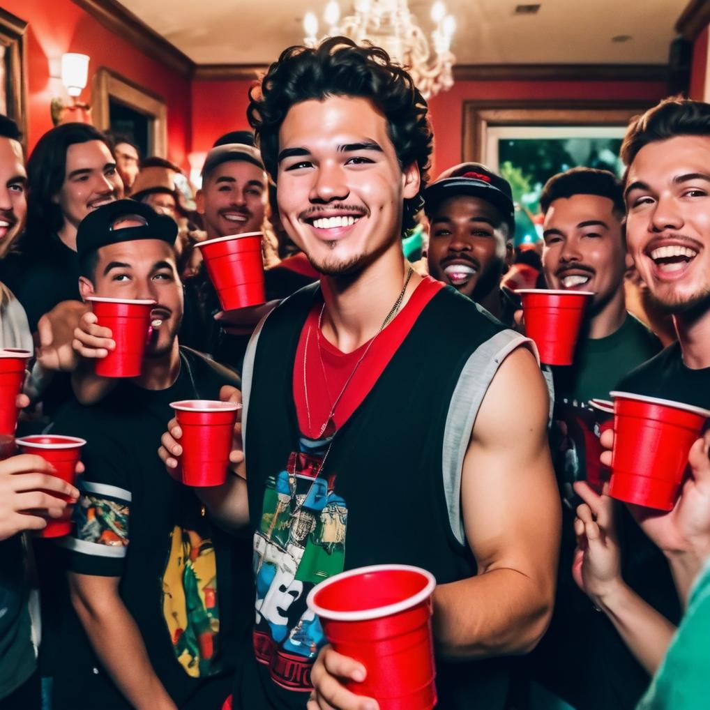 Artificial Intelligence (AI) generated image art, johns is the life of the party in this hyper-realistic candid photo, johns has a natural smile and surrounded by friends with red solo cups. man has a natural and detailed handsome face, with thick eyebrows. The crazy party is in a luxurious mansion, and everyone is wearing cool hip hop clothing. it is night, but the party is well lit by colorful lens.