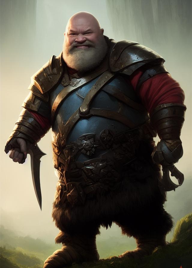Artificial Intelligence (AI) generated image art, Bald fantasy dwarf warrior, ((((portrait)))), person, ((small body)), ((short person)), dnd, art by Greg Rutkowski, highly detailed, sharp focus, 4k