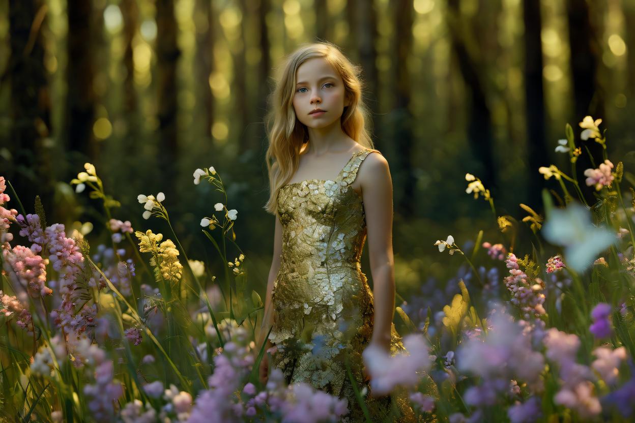 Artificial Intelligence (AI) generated image art, woman, woman, flowers everywhere portrait of a stunningly beautiful woman, in gold light, depth of field, in a forest laden in flowers zeiss lens, detailed, symmetrical, centered, fashion photoshoot, by annie leibovitz and steve mccurry, david lazar, jimmy nelsson, breathtaking, 8 k resolution, extremely detailed, beautiful, establishing shot, artistic, hyperrealistic, beautiful face, octane render