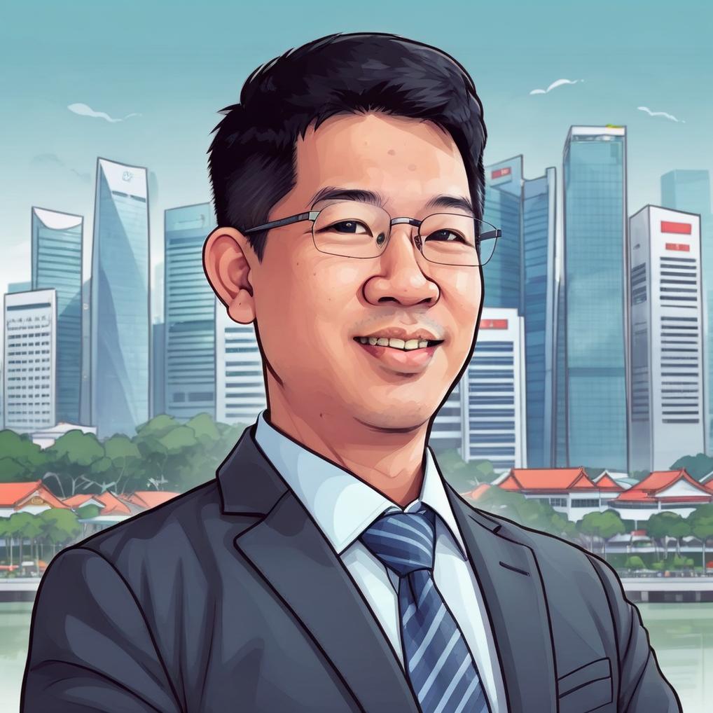 Artificial Intelligence (AI) generated image art, man portrait, Singapore background, business man, cartoon