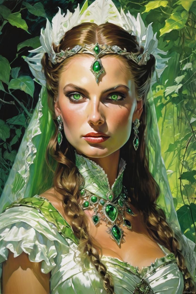 Artificial Intelligence (AI) generated image art, woman, as ALARIELLE THE EVERQUEEN, poster, by John Blanche, Mantled in the finery of nature at its most wrathful, green eyes