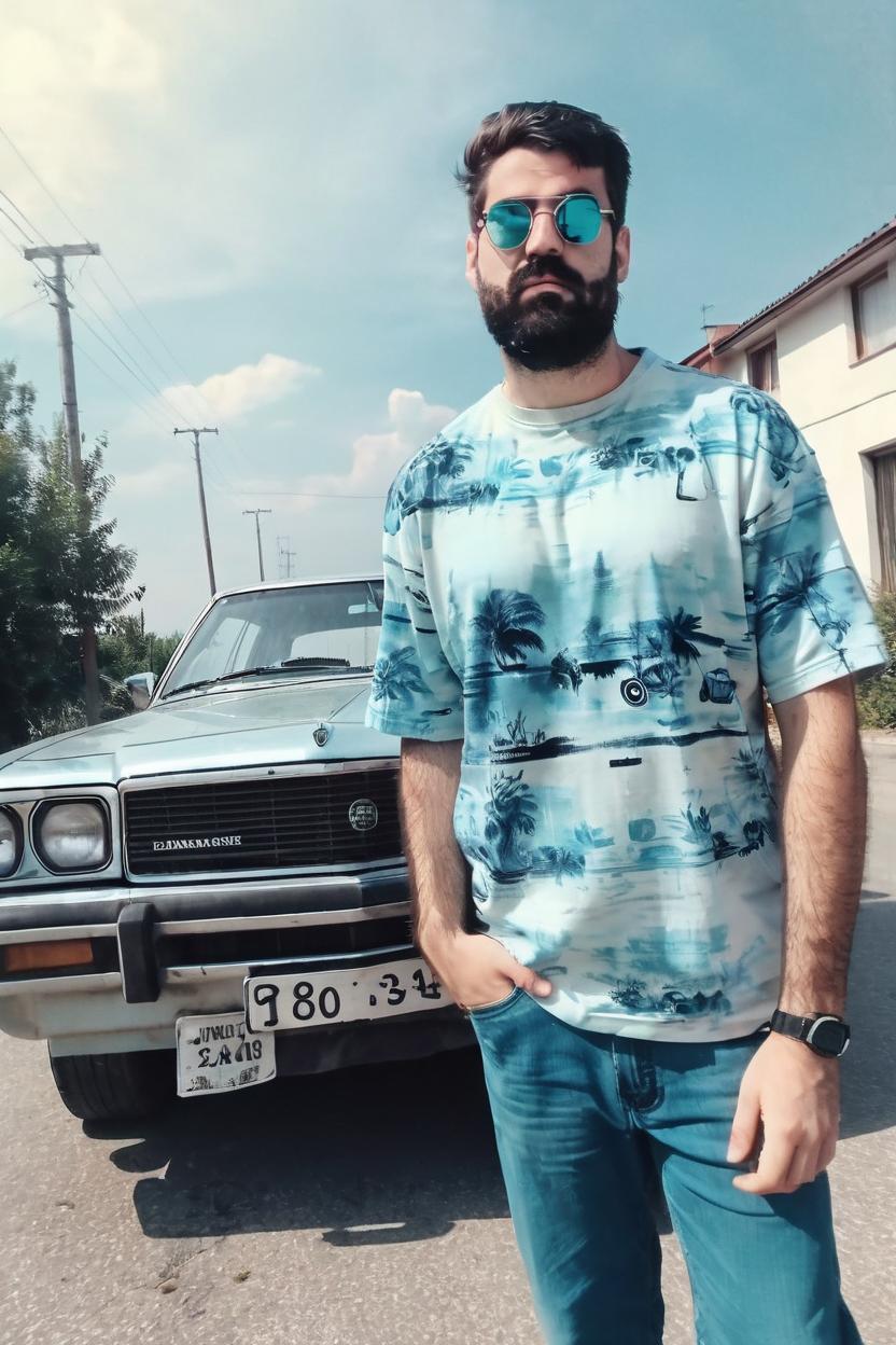 Artificial Intelligence (AI) generated image art, man, man, 80s yearbook photo with double exposure fading face on background,vintage, holding a car, as the popular hot guy with , wearing stylish 80s clothes, having weird 80s glasses and mullet. Background with lasers/space style.
