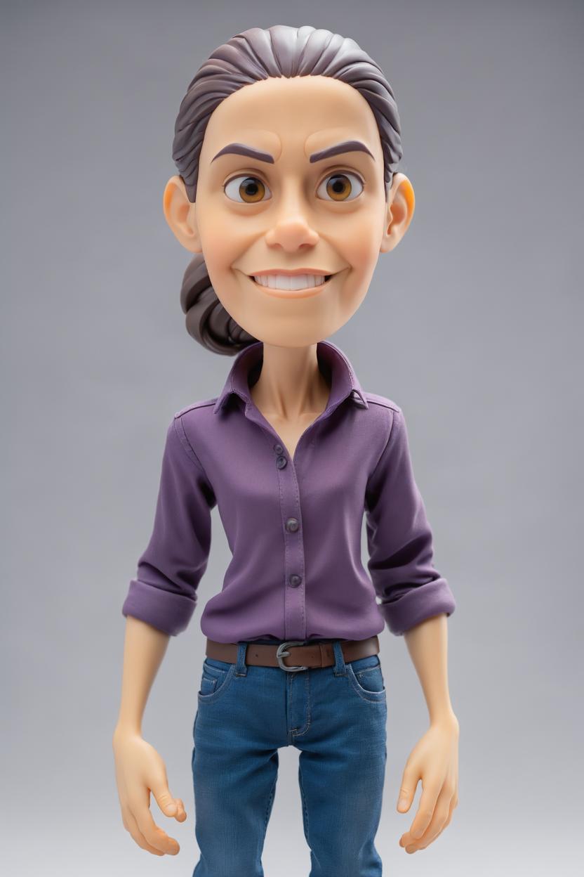 Artificial Intelligence (AI) generated image art, woman, stylized action figure with exaggerated cartoon proportions – slightly oversized head, shorter torso and limbs, solid build. Inspired by Disney Infinity or Amiibo – realistic clothing textures, clear facial detail, toy-like anatomy. Full standing pose, visible feet, plastic. Standing upright in a relaxed pose, dressed in a plain violet button-up shirt with no pattern or texture, smooth fabric, over a T-shirt, blue jeans, and white sneakers. Neutral grey background, soft light from the right.