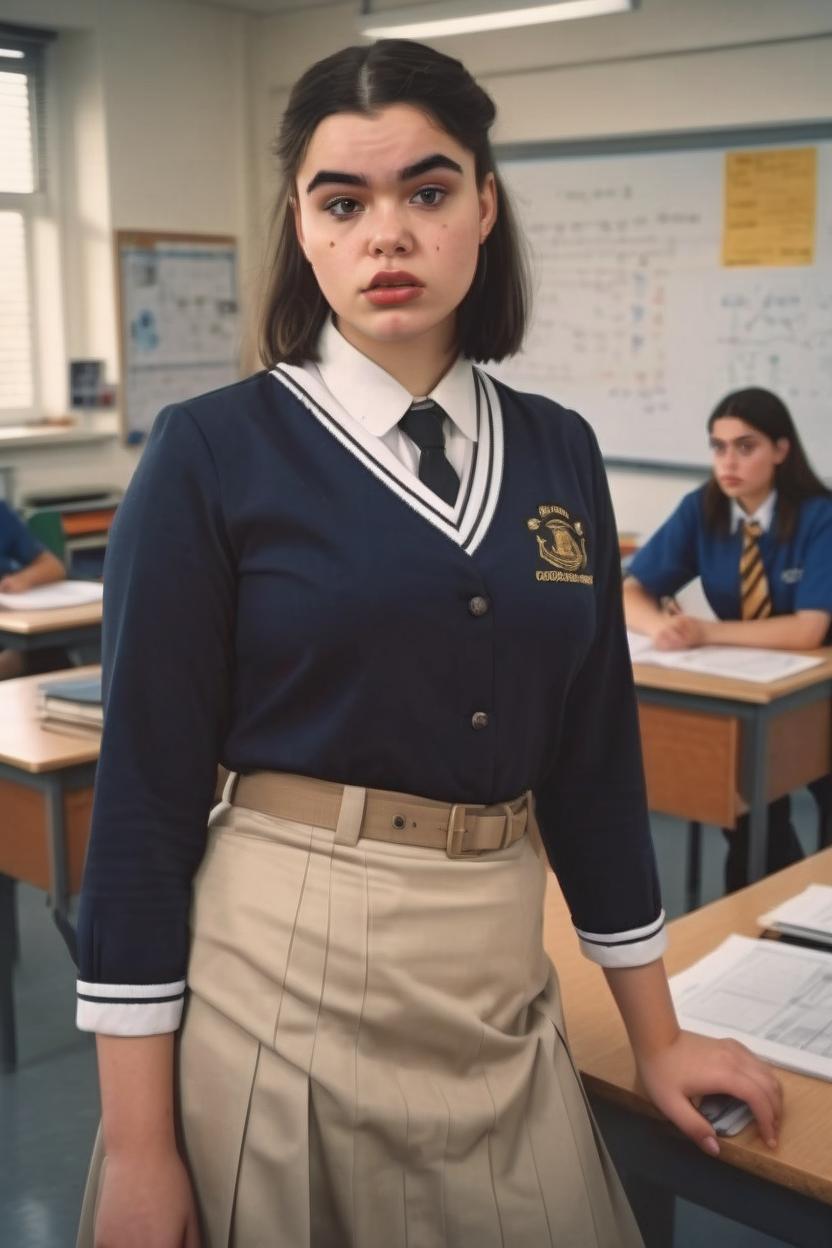 Artificial Intelligence (AI) generated image art, woman, in science classroom, wearing uniform with beige skirt, hyper realistic, 4k, cluttered desk, interested expression, intricate detail, wide angle, hyperdetailed, college, woman
