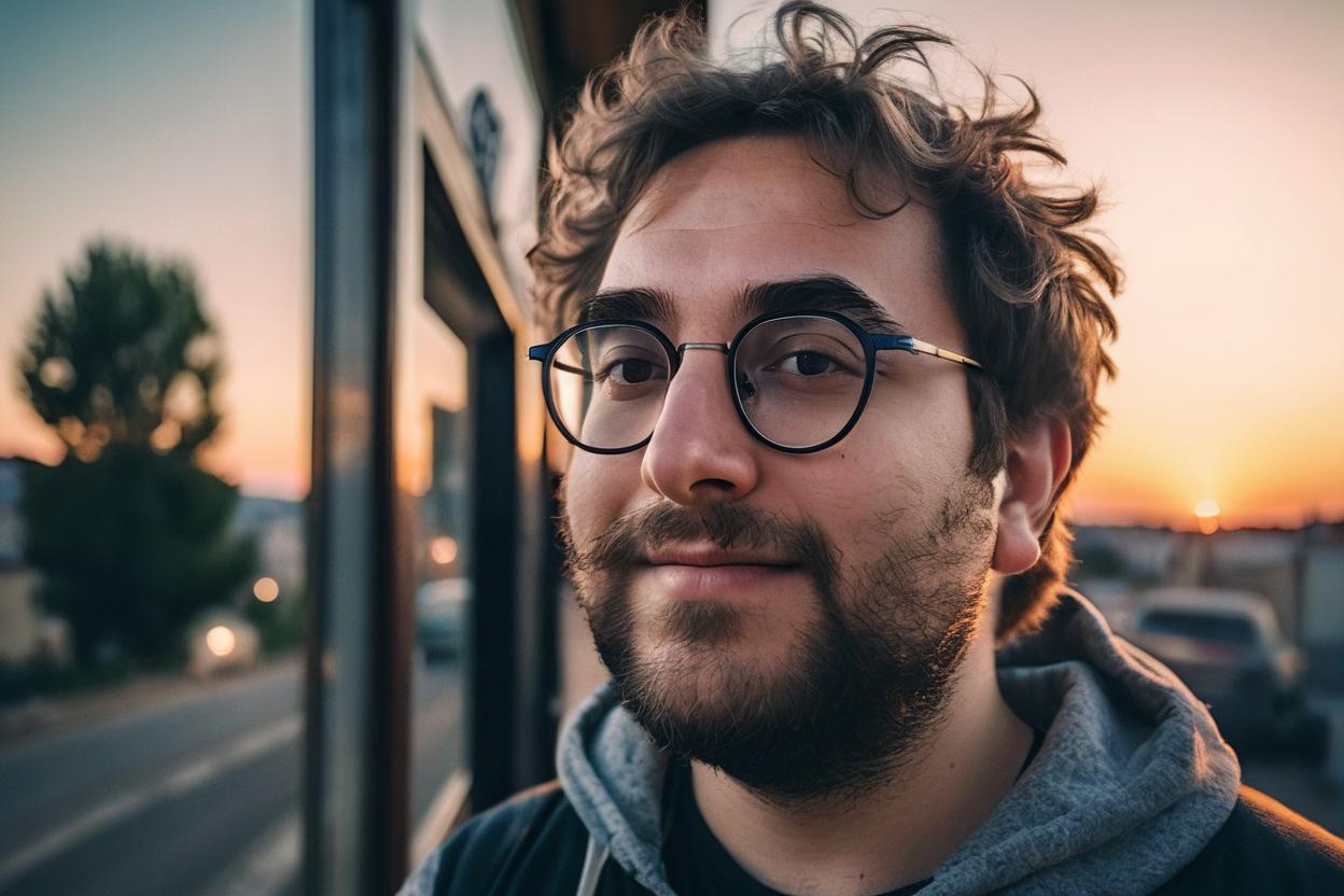 Artificial Intelligence (AI) generated image art, Detailed portrait of man, glasses, high contrast, ((crisp)) ((sharp photo)) captured in photorealistic detail, showcasing skin, hair, and clothing textures, shot on 28 mm kodak camera, twilight, pub outside old european city, bathed in twilight light, (natural eyes), tinder photo, cool pose, confident and seductive, looking at the horizon, handsome, thinking, joyful, talking to someone