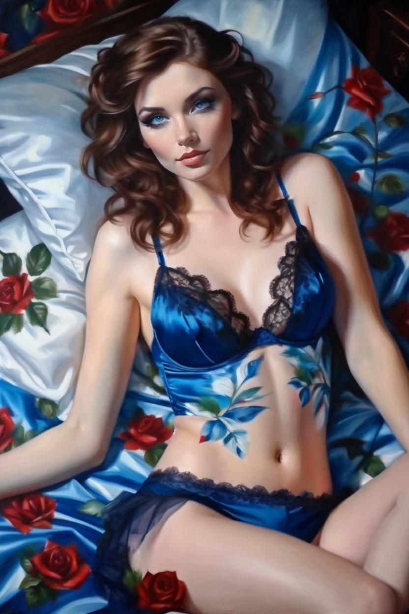 Artificial Intelligence (AI) generated image art, woman, full body painting of a beautiful attractive woman lying on a bed surrounded by rose leaves, brunette hair spread across the pillow, beautiful blue eyes, wearing Judith van Herck style lingerie, painting in the style of Thomas Saliot ‘Lingerie Girl’, oil on canvas, seductive, gallery style masterpiece, realistic portrait of woman, cute, real life, Likeness to real person woman