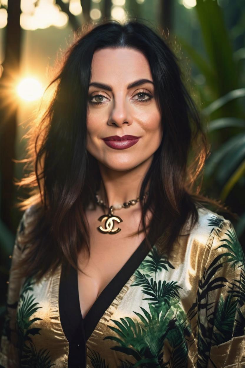 Artificial Intelligence (AI) generated image art, woman, as a Chanel parfum model, natural eyes, portrait, jungle background, epic, cinematic lighting, sunser, sunset,  4k, sharp focus, art by greg rutkowski