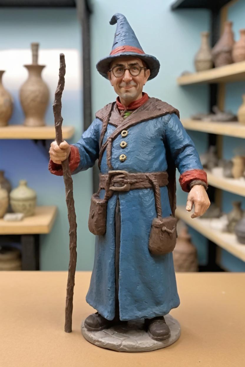 Artificial Intelligence (AI) generated image art, man, as a figurine featuring a sorcerer outfit. The figurine should hold a wand in the right hand, no hat, no glasse. The face expression should be based on the model. The figurine should be posed standing. The background should be a pottery shop.