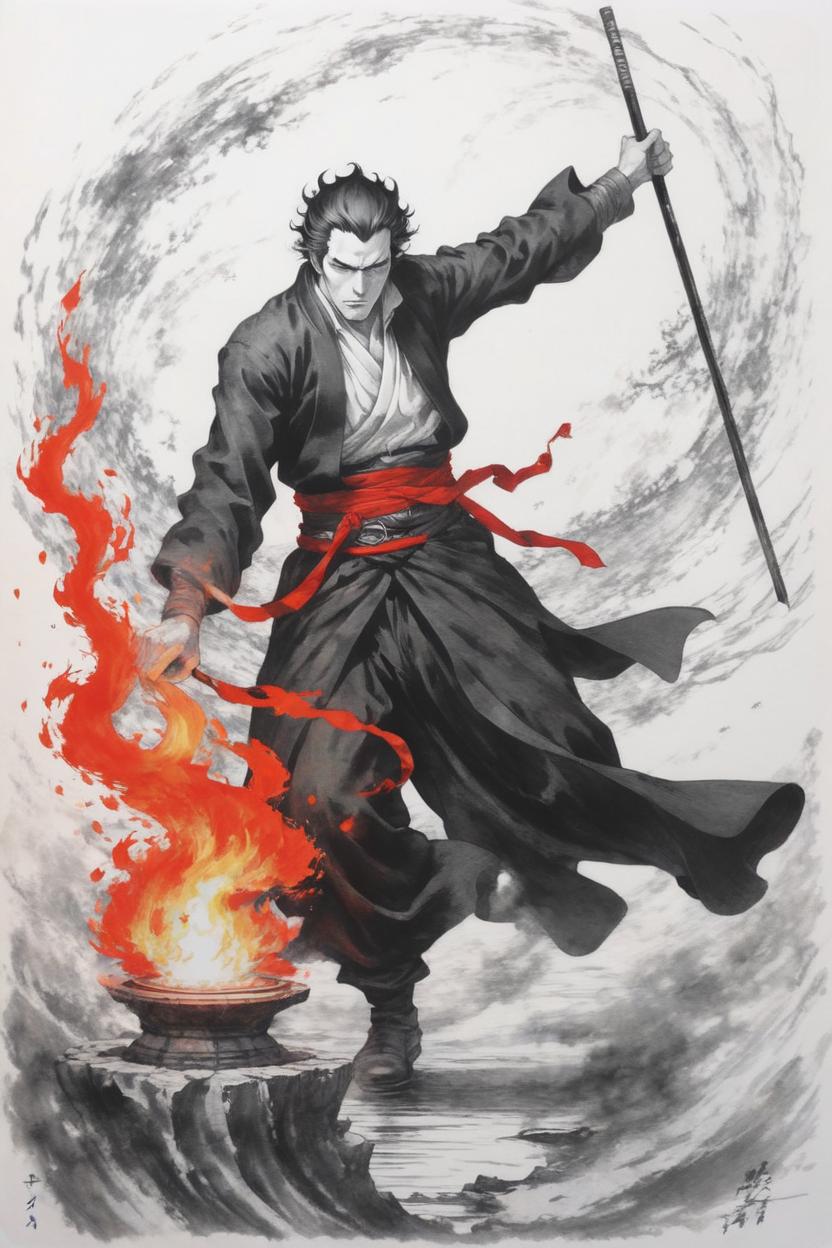 Artificial Intelligence (AI) generated image art, man, mystical mage, bending fire and water, yoji shinkawa, b&w, pencil drawing, ink, manga, concept art, black and red ink