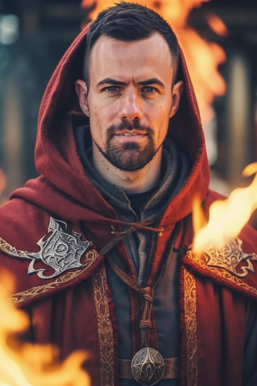 Artificial Intelligence (AI) generated image art, man, (((portrait))), (fantasy mage), athletic, wearing mage's robe and cloak, dnd, fire in background, highly detailed, sharp focus, 4k