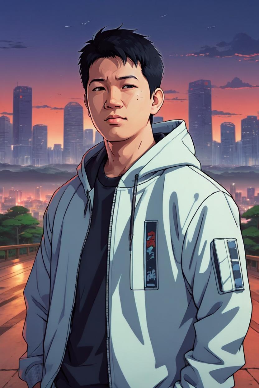 Artificial Intelligence (AI) generated image art, man in a plain hoodie, (akira 1988 anime film), portrait, scifi city landscape, 90s anime style