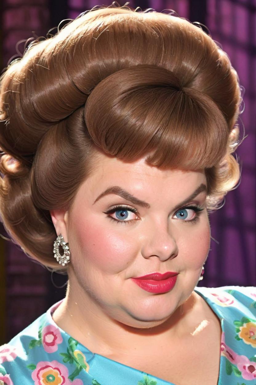 Artificial Intelligence (AI) generated image art, man, (poster Hairspray Musical), Female, Edna Turnblad, extremely detailed beautiful human character, illustration, decorative early 1960s background, sharp focus, tall heavy set body