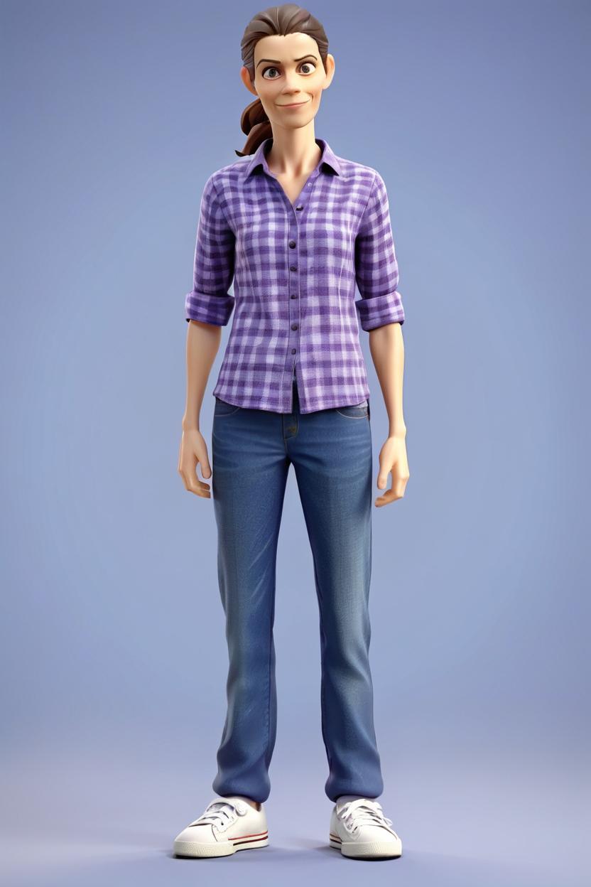 Artificial Intelligence (AI) generated image art, woman, stylized figure like Disney Infinity or Amiibo – realistic clothing textures, clear facial detail, solid build, full standing pose, including feet, plastic. Standing upright in a relaxed pose, dressed with plain violet button-up shirt with no pattern or texture, smooth fabric, over a T-shirt, blue jeans, white sneakers. Neutral background.