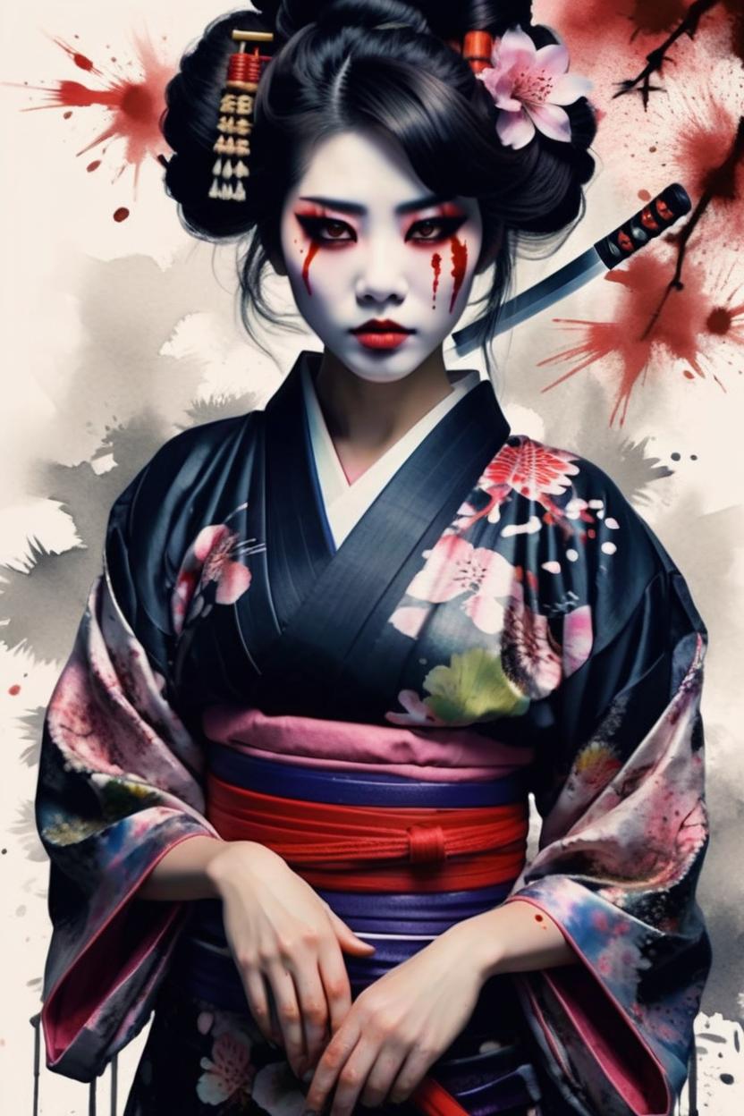 Artificial Intelligence (AI) generated image art, woman, Japanese geisha, a delicate figure is depicted wearing a black ornate kimono adorned with vibrant colors and intricate patterns. Her hair is styled in a loose elaborate updo, and her face is painted with porcelain-like makeup, her face is covered in blood splatter, accentuating her striking features. With a deadly expression, she holds a samurai sword upright in her hand, laying the blade on her shoulders, exuding elegance and grace. The background of the picture features elements of a Japanese forest at midnight, transporting the viewer into the enchanting world of the geisha and an assassin. The watercolor technique adds a softness and ethereal quality to the image, evoking a sense of tranquility and beauty, sakura flower petal, blood splatter, full body, high-quality, flawless composition, masterpiece, behance, by Marco Mazzoni, ink wash