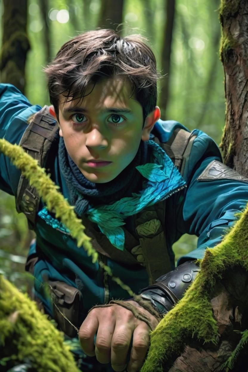 Artificial Intelligence (AI) generated image art, man, un guerriero fantasy di 15 anni, biondo, occhi azzurri, che combatte in una foresta magica (stile il signore degli anelli), con una spada in mano