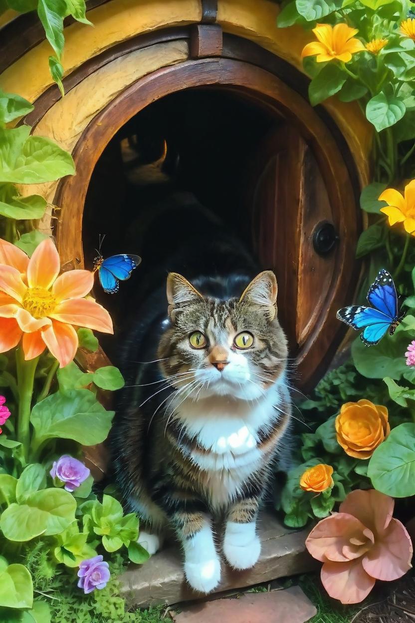 Artificial Intelligence (AI) generated image art, cat, sitting in the door way of a hobbit hole in the style of the hobbits of the Shire from the Lord of the Rings by Peter Jackson. Surrounded by a lush garden of flowers and vegetables, watching butterflies in the garden. Golden light and everything appears faintly glowing.