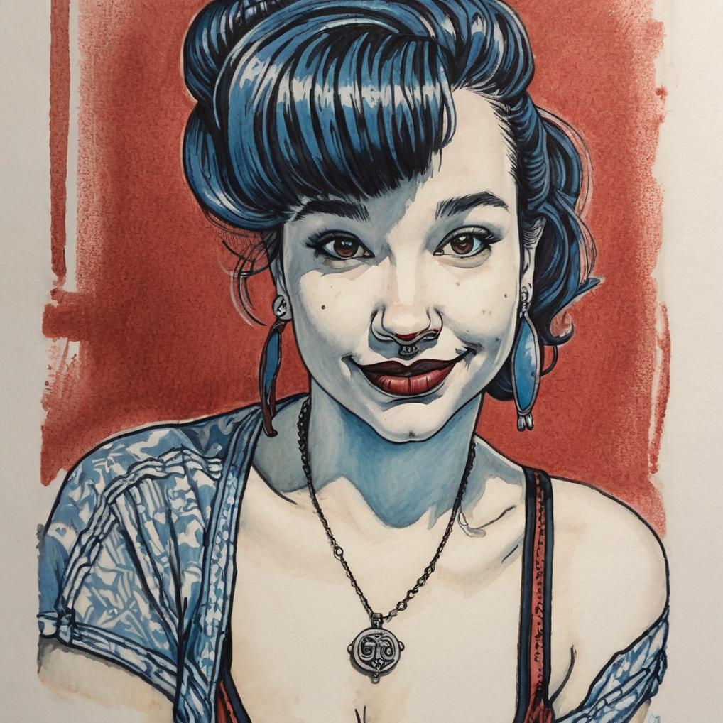 Artificial Intelligence (AI) generated image art, Portrait, female, woman, (2-coloured ink drawing), pin-up, oil painting, septum, detailed