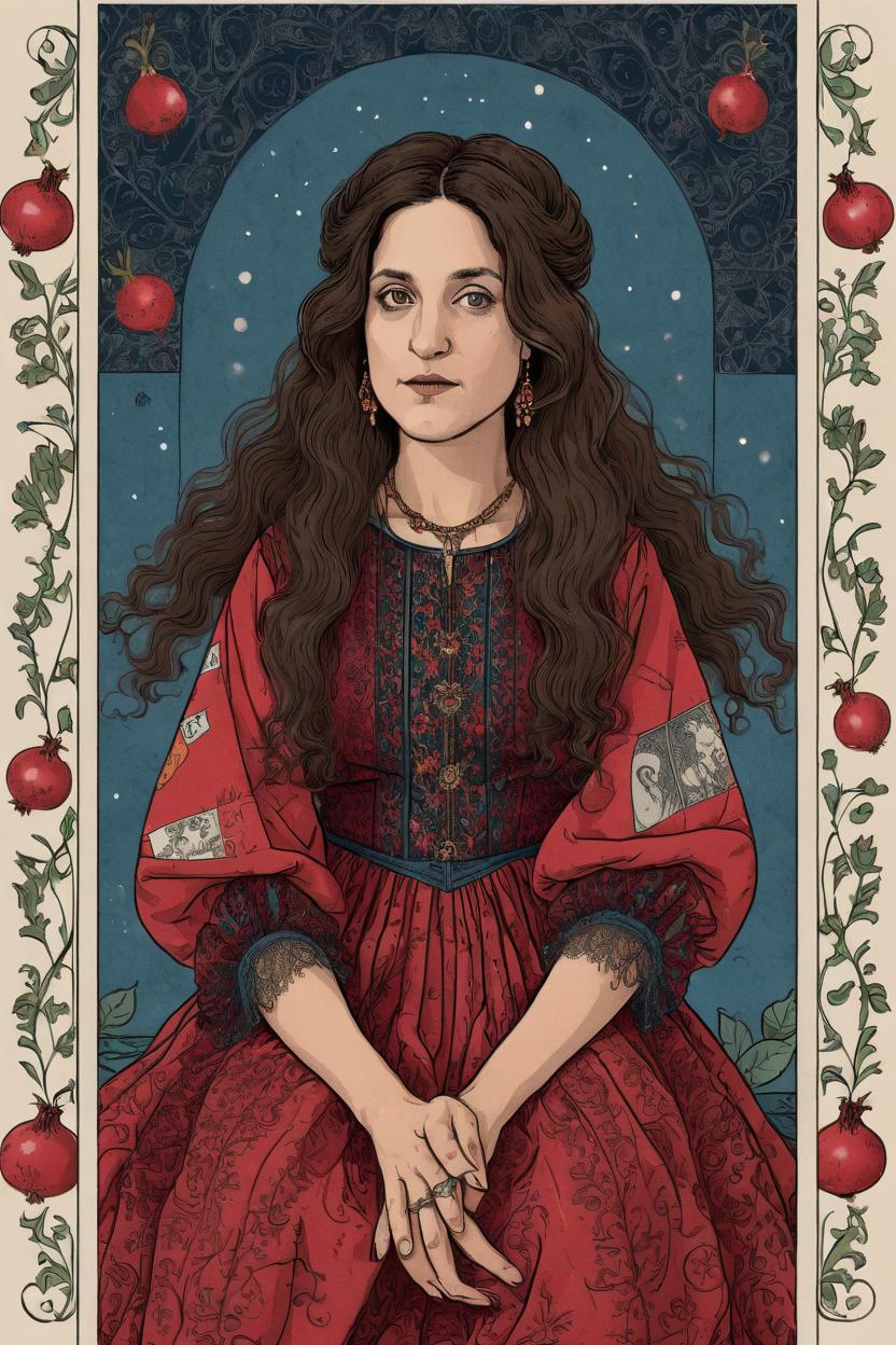 Artificial Intelligence (AI) generated image art, woman, illustration, a tarot card drawing sitting, wearing pomegranate dress, long hair, elegant, mystical, artwork