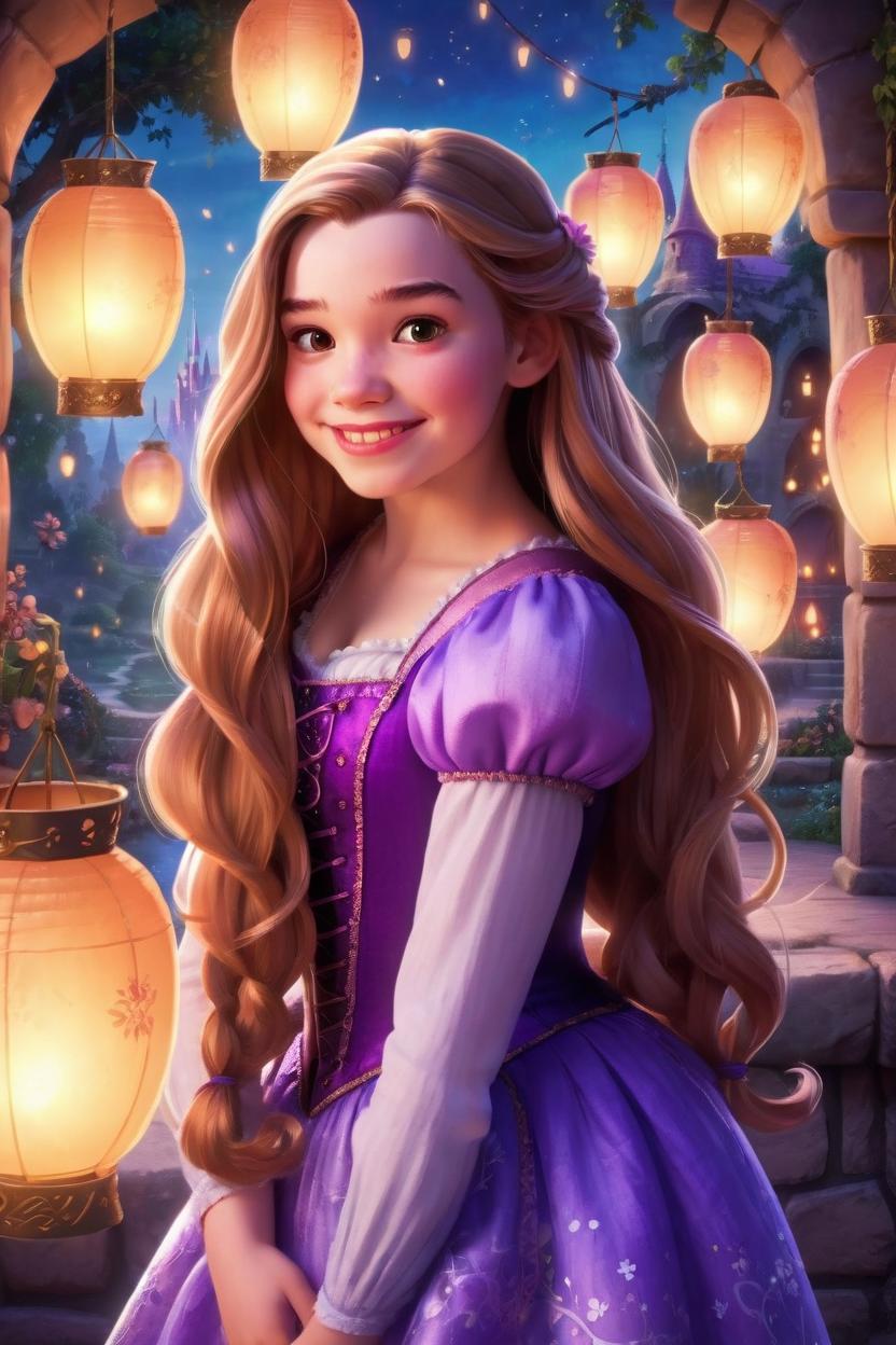 Artificial Intelligence (AI) generated image art, woman, As Rapunzel, a young woman Disney princess, beautiful with exceptionally long hair, glowing floating lanterns in the background. In Disney art style.