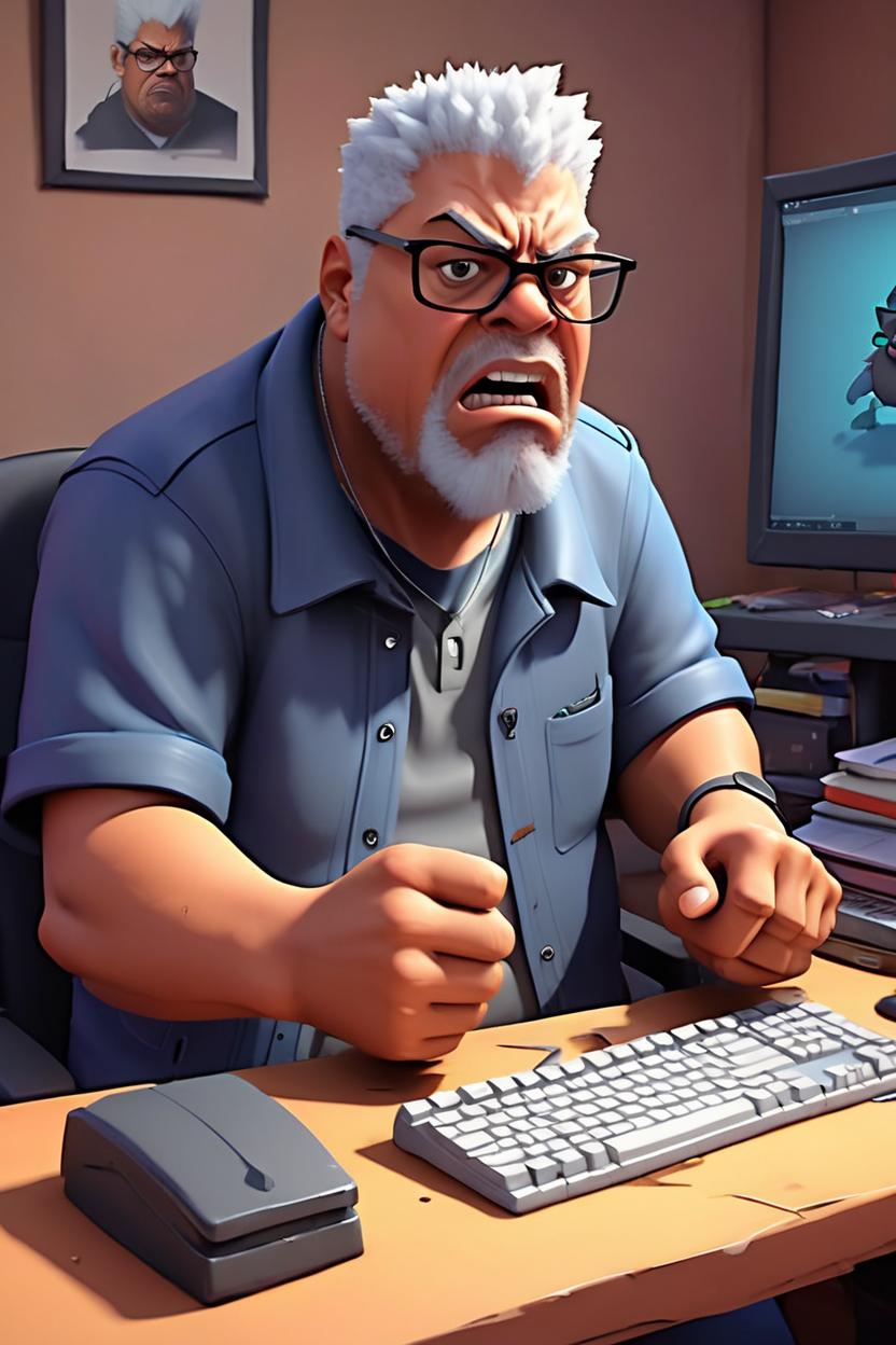 Artificial Intelligence (AI) generated image art, (disney 3d animation style), 3d animation of man, illustration, cartoon, digital painting, being very angry at a computer