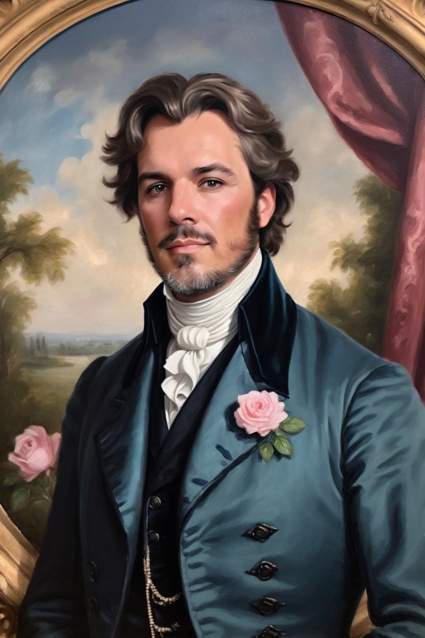 Artificial Intelligence (AI) generated image art, man, handsome, Regency inspired portrait, oil painting, romantic wearing regency style clothing and hair, featuring a rose in the background