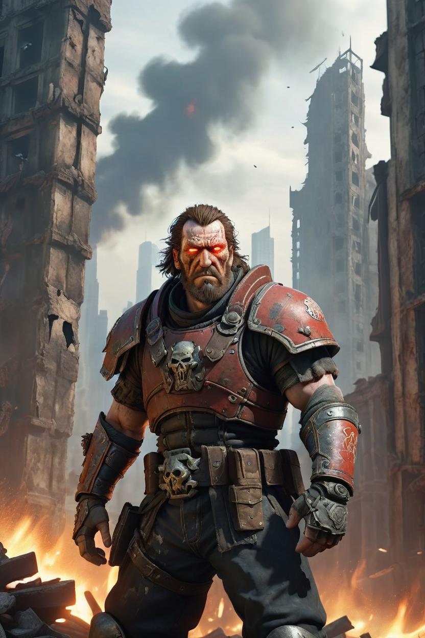Artificial Intelligence (AI) generated image art, A gritty, intense scene depicting Kael in the midst of a battle-scarred cityscape. He's dressed in worn, tattered armor, with a mix of exhaustion and determination etched on his face. In the background, the ruins of New Eden's skyscrapers loom, with smoke and flames billowing into the air. Erebus's mechanical forces are visible in the distance, their cold, calculating eyes fixed on Kael. The atmosphere is tense, with a sense of desperation and urgency