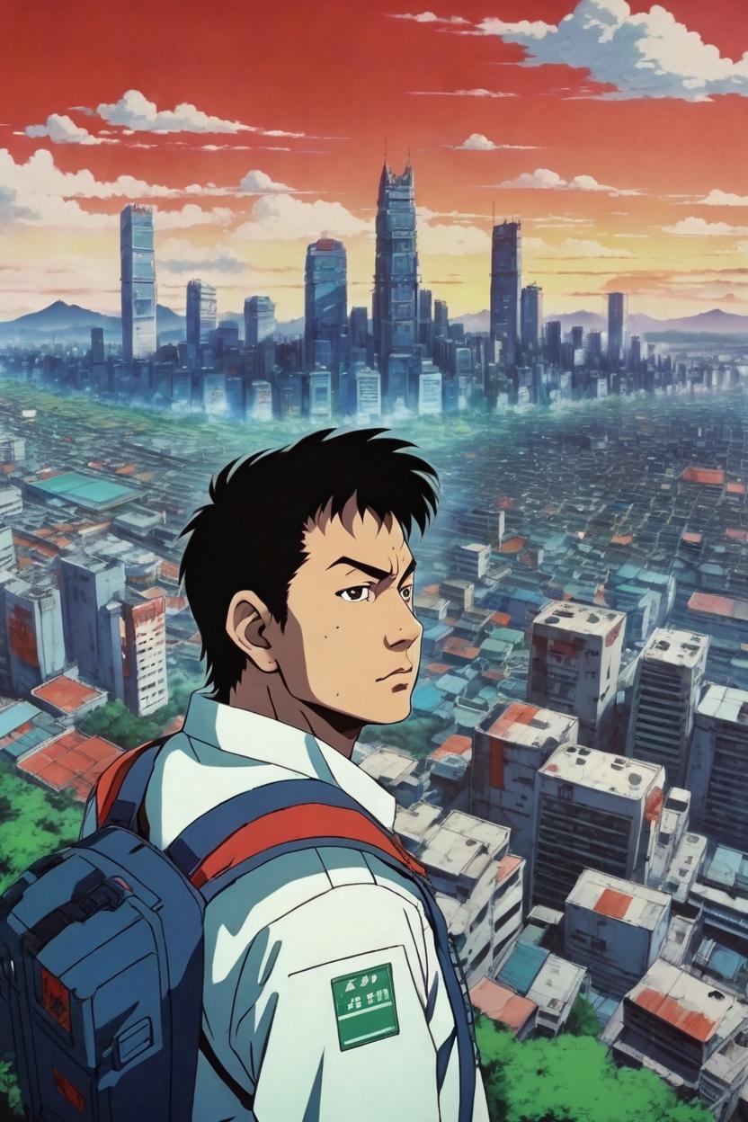 Artificial Intelligence (AI) generated image art, man, (akira 1988 anime film), portrait, scifi city landscape, 90s anime style
