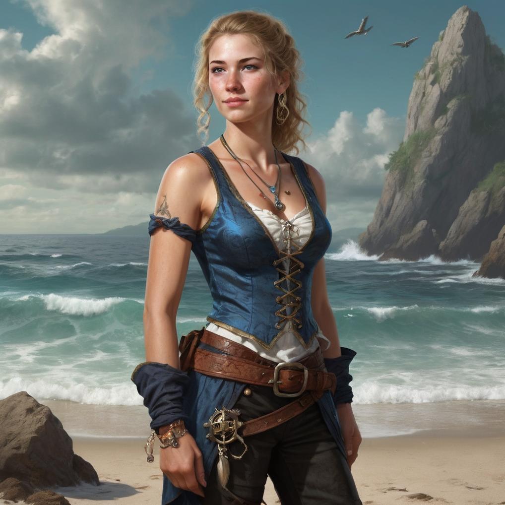 Artificial Intelligence (AI) generated image art, woman, as a slender gorgeous young 25yr old beautiful woman, fantasy, illustration, in the style of Greg Rutkowski, pirate princess