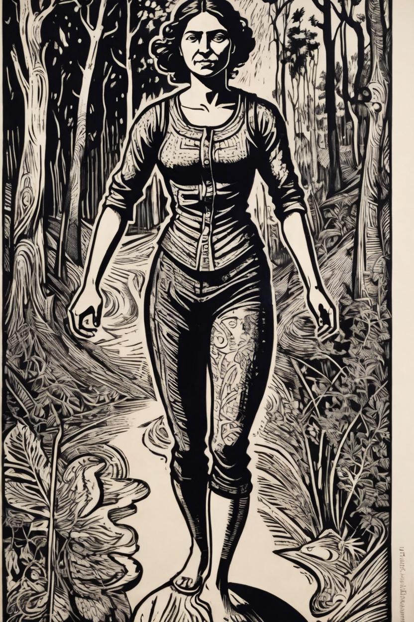 Artificial Intelligence (AI) generated image art, A remarkable (((fullbody view))) of woman in an expressive woodcut in the style of Ernst Barlach