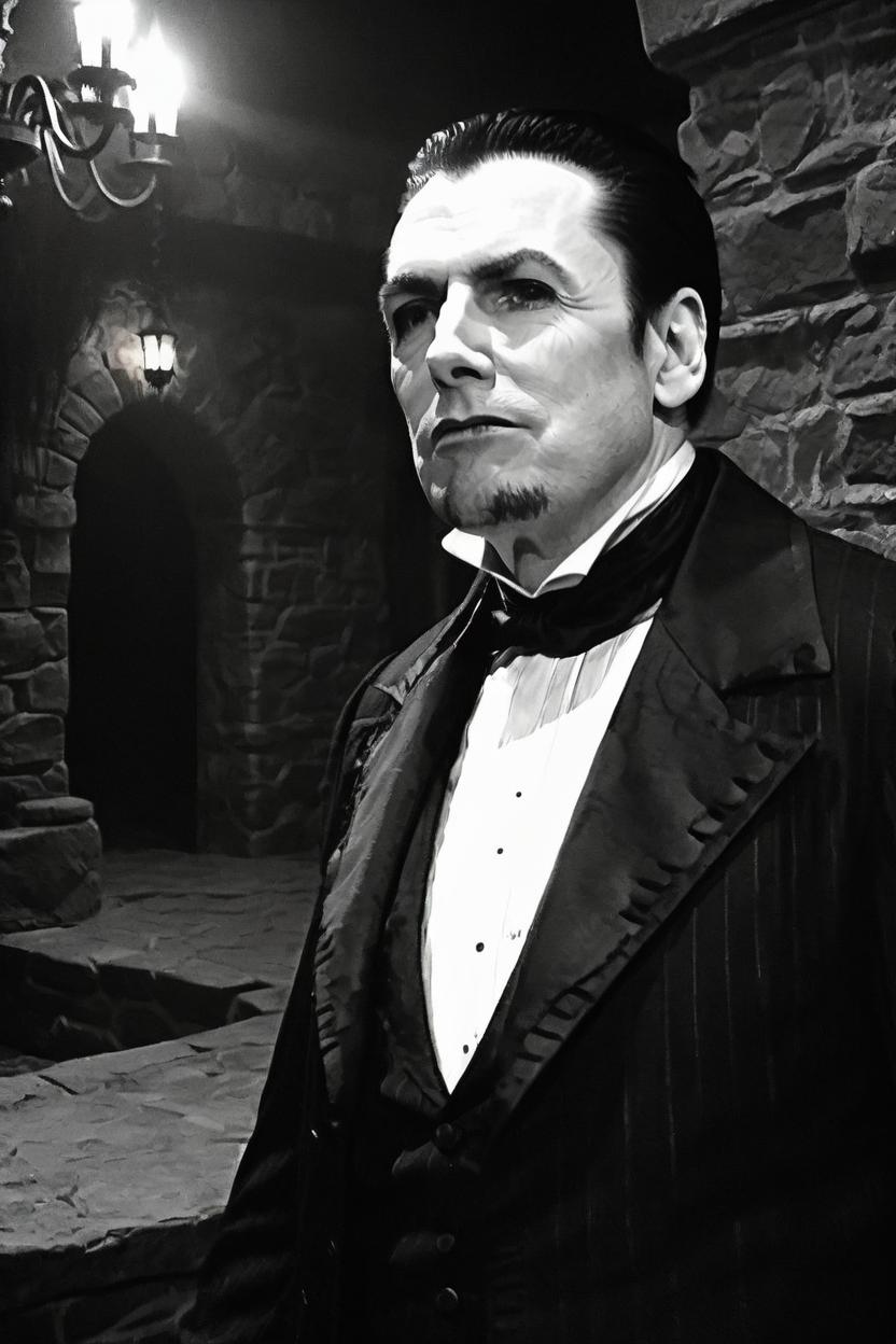 Artificial Intelligence (AI) generated image art, ((man)), as Bela Lugosi dracula, black and white grainy film, realistic, highly detailed, inside castle, dark lighting, eerie scene
