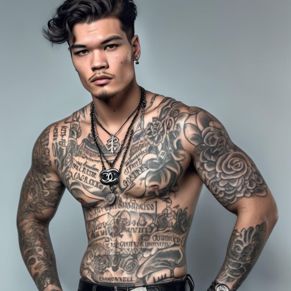 Artificial Intelligence (AI) generated image art, man, as a young handsome male parfum model of chanel, hyperrealistic, hdr, 8k, full body, with tattoo in olde English on the chest