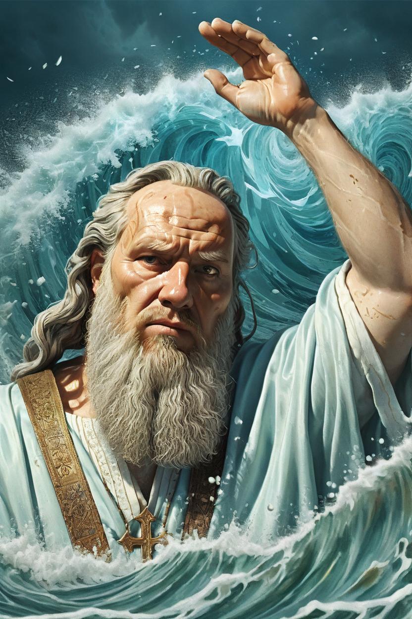 Artificial Intelligence (AI) generated image art, man, (intricate religious poster), extremely detailed beautiful human character, illustration, sharp focus, similar to Moses dividing the dead sea