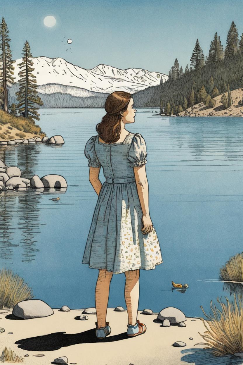 Artificial Intelligence (AI) generated image art, woman, an illustration by Maurice Sendak, standing in lake Tahoe, afternoon sun, beautiful, cute artwork