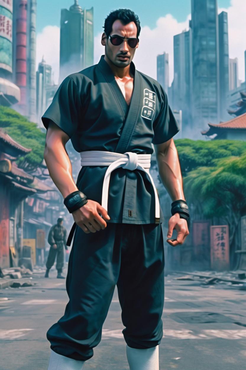 Artificial Intelligence (AI) generated image art, man, (ghost in the shell 1995 anime film), portrait, scifi city landscape, martial artist
