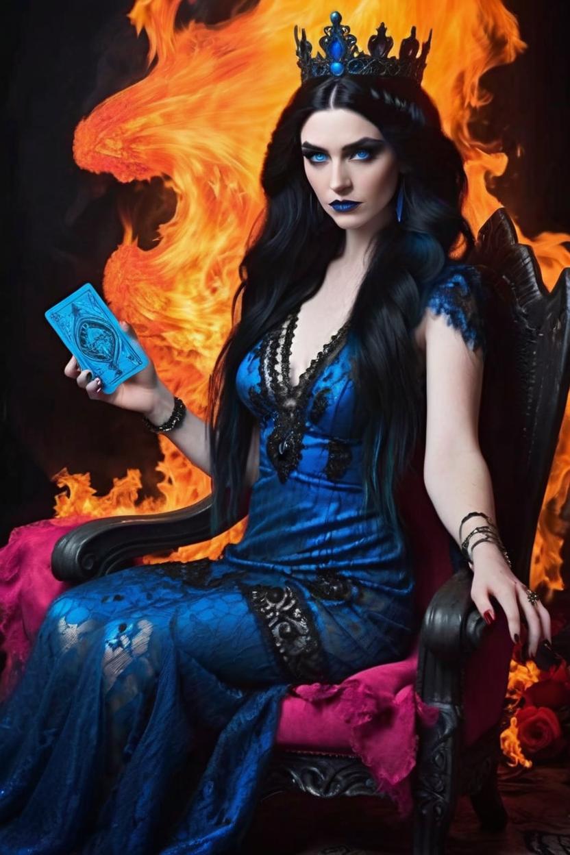 Artificial Intelligence (AI) generated image art, woman, as queen of the underworld Greek goddess Persephone, striking blue eyes, winged eyeliner, slim body,long black wispy hair with blue undertones looks like fire, she is sitting on a black spiky throne holding a pomegranate in one hand, smirking and looking demonic, she is wearing a pink lace dress ethereal and serene, orange yellow red fire at her feet in the style of tarot card art