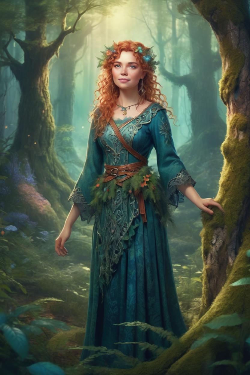 Artificial Intelligence (AI) generated image art, woman, in the style of Kinuko Y. Craft, fantasy illustration, beautiful, lovely, full body standing in a fantasy forest. Magical