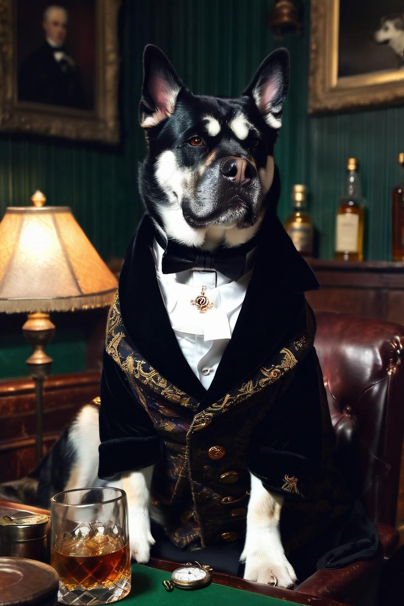 Artificial Intelligence (AI) generated image art, dog, British aristocrat in smoking jacket, dark billard room background, pocket watch, glass of whisky