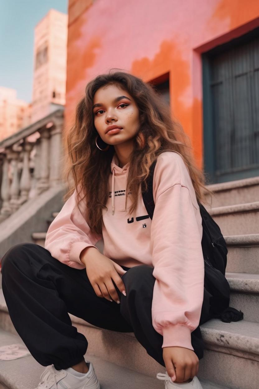 Artificial Intelligence (AI) generated image art, woman, long hair, natural makeup, sitting on steps, beige and black clothes, summertime, pink and orange clouds, in a city, hyper realistic, wide angle,portrait, highly detailed, intricate detail