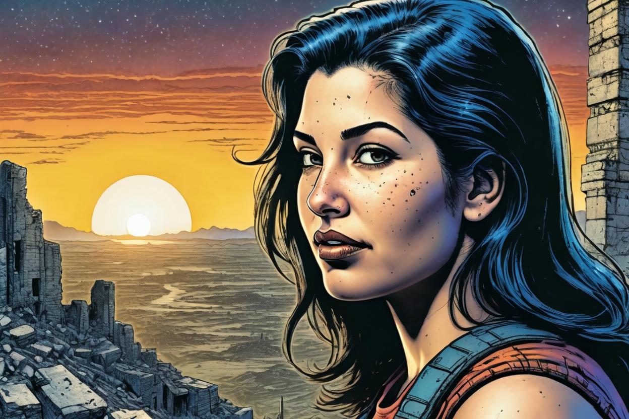 Artificial Intelligence (AI) generated image art, woman, (small empty area above head),(Robert Crumb comic book style), illustration, comics, portrait, scifi, landscape, face, scifi ruins background, sunset
