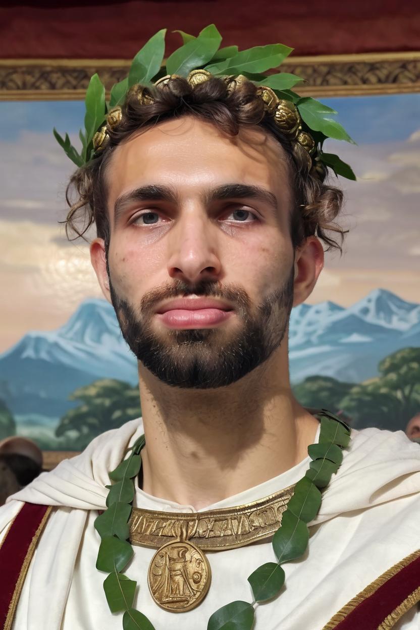Artificial Intelligence (AI) generated image art, man, on a royal portrait, as a ancient roman emperor, wearing a laurel wreath on his head, and an ancient roman gown, realistic portrait, 4k