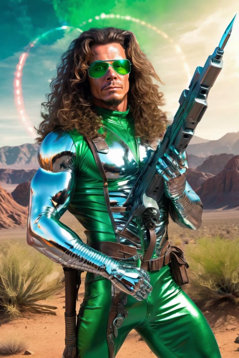 Artificial Intelligence (AI) generated image art, man, as a sci-fi assassin explorer ((1980s)) wearing metallic chrome bodysuit, muscular body, strong legs, long curly brown hair tied back, wearing hi tech hollogram glasses, five fingers on both limbs, holding a ray gun with 3 green rings around the barrel of the gun, alien world, UFOs in sky shooting colorful lasers battle in the sky above him, otherworldly atmosphere, vegetative colorful vibrant eye-catching desert landscape ((landscape portrait)) highly detailed, strong, manly, apocalyptic vibe, artistic, creative, "were not in kanas anymore"